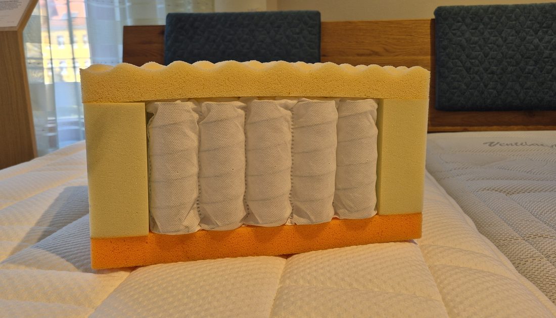 Aufgeschnittenes Schaustück einer Taschenfederkernmatratze: die einzeln in Stoff eingenähten Federn stehen nebeneinander, darüber und darunter je eine Schaumschicht.